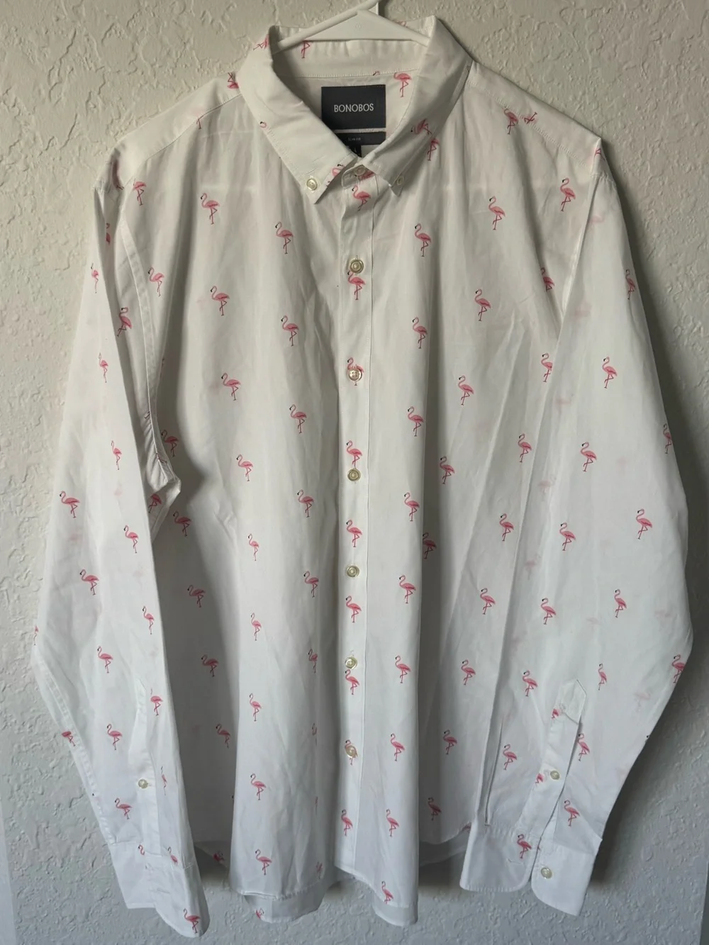 Bonobos White Button-Down Shirt with Pink Flamingo Print